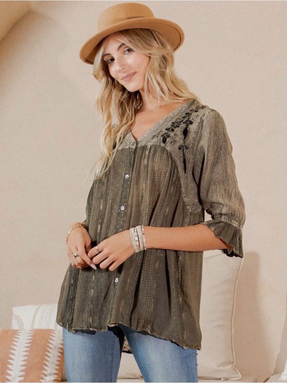 Relaxed Embroidered V-Neck Tunic Top in Olive